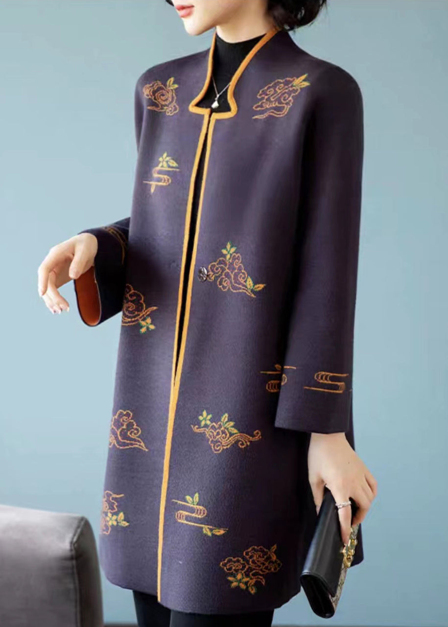 Dark Purple Stand Collar Embroidered Patchwork Wool Coats Fall