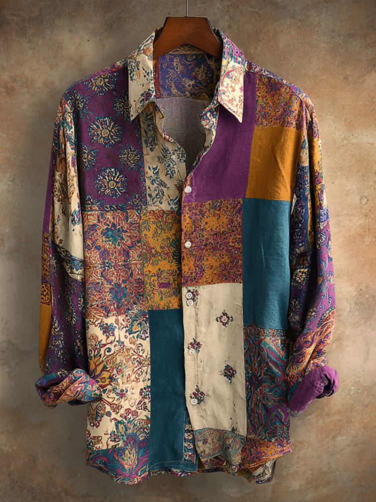 Western Style Bohemian Plant Flower Pattern Color Block Patchwork Retro Cotton And Linen Men's Shirt elevenforest