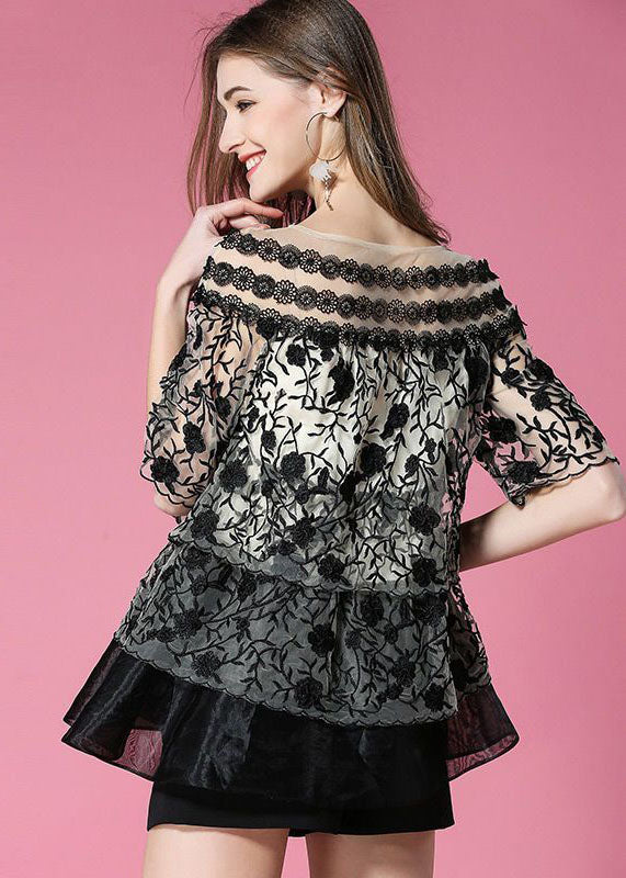 Black O-neck Embroideried Organza Tops Summer
