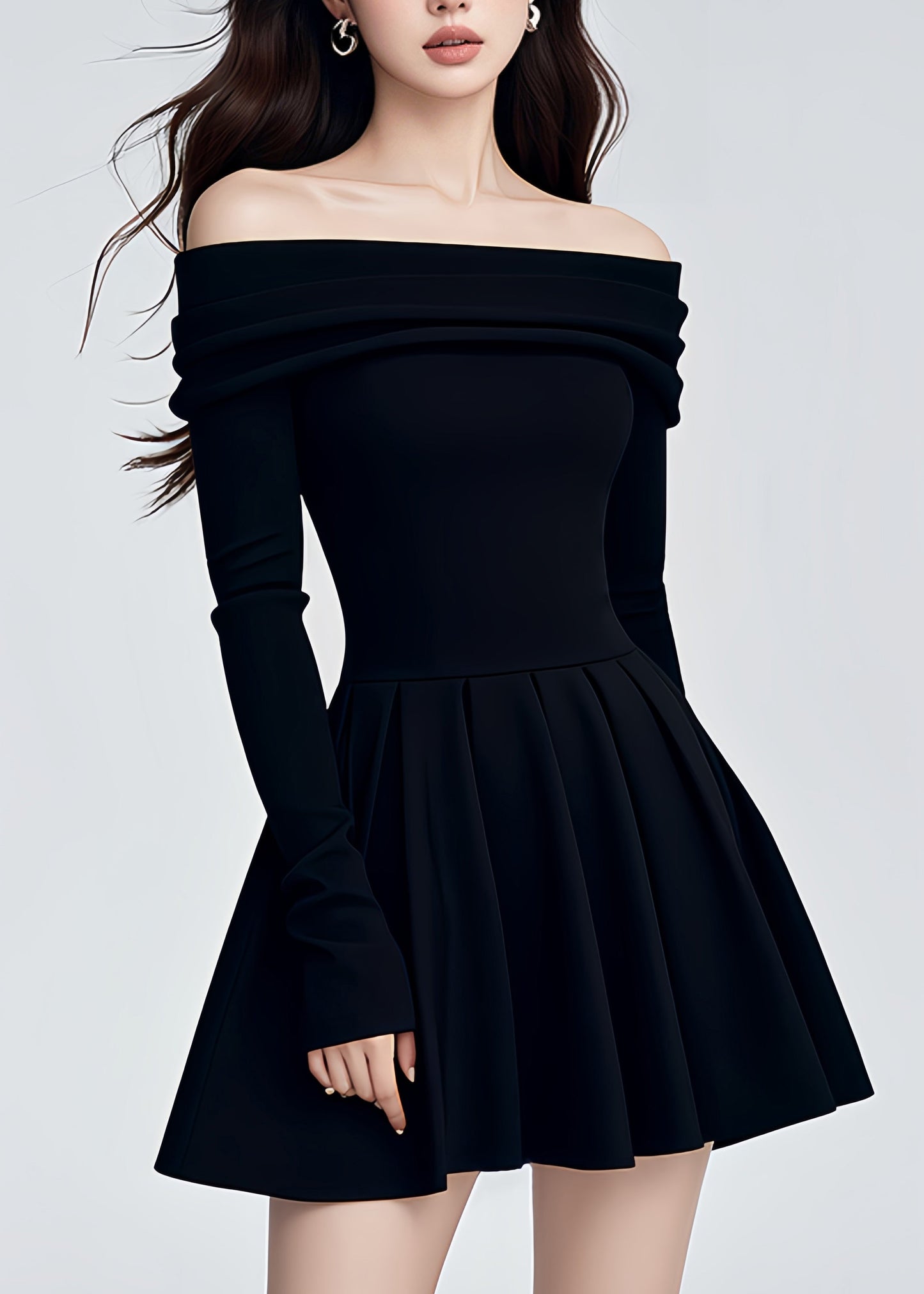 Black Cold Shoulder Knit a Line Mid Dresses Fall
