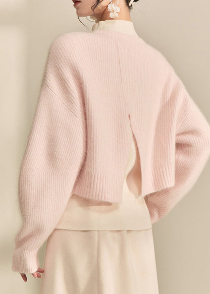 Pink O-neck Nail Bead Cotton Knit Short Sweater Fall