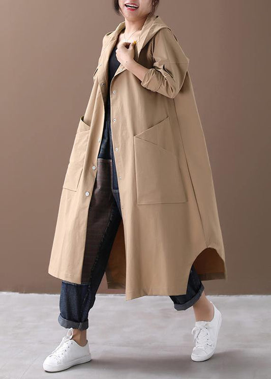 Modern Hooded Large Pockets Fine Clothes for Khaki Baggy Coat