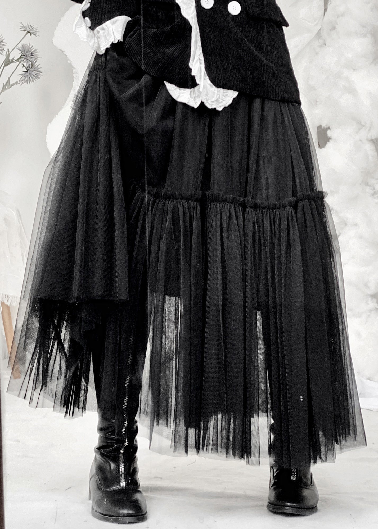 Modern Black Layered Design Ruffled Patchwork Tulle a Line Skirts Fall