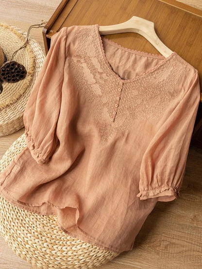 Embroidered V Neck Half Sleeve Linen Top