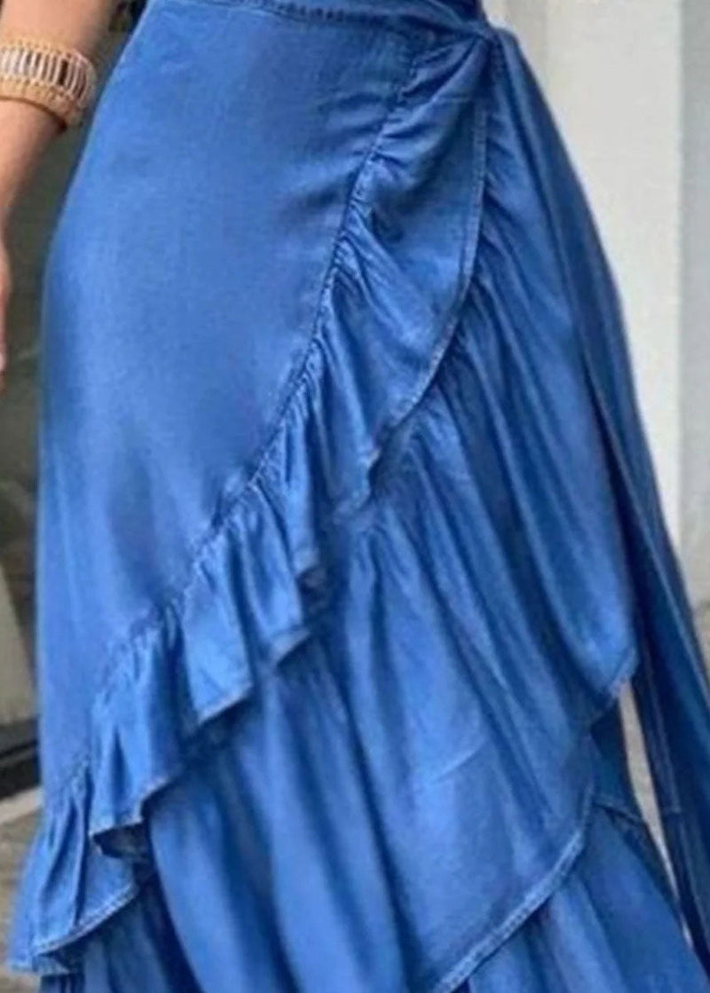 Blue Ruffled Tie Waist Patchwork Denim Skirts Summer