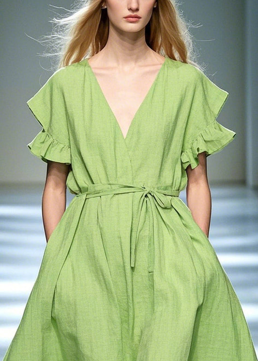 Diy Grass Green Ruffled Exra Large Hem Cotton Tunic Dress Summer