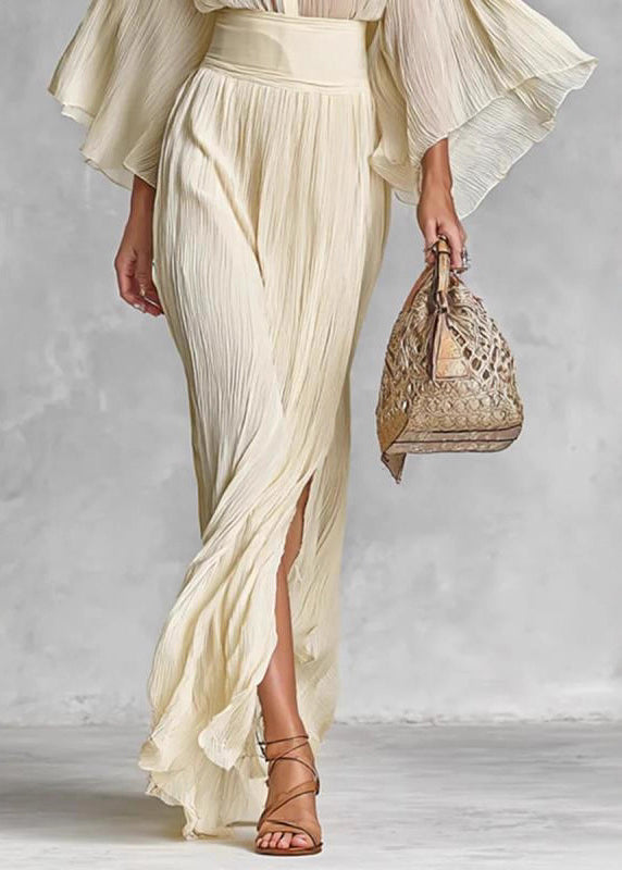 Stylish Beige Ruffled Side Open Shirts and Skirts Cotton Two Pieces Set Spring