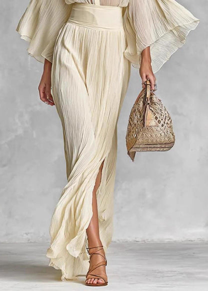 Stylish Beige Ruffled Side Open Shirts and Skirts Cotton Two Pieces Set Spring