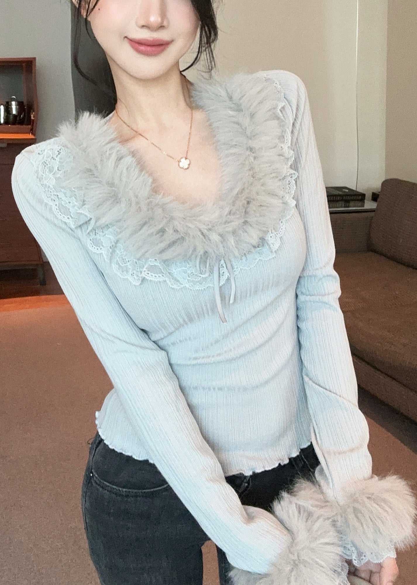 Slim Fit Grey Fur Collar Lace Patchwork Cotton T Shirt Winter