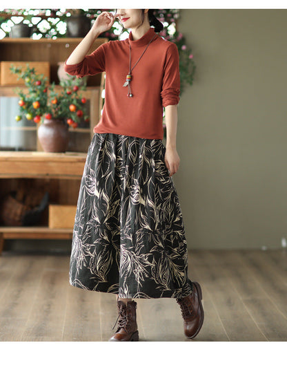 Printed Cotton and Linen Slim Elastic Waist A-line Skirt