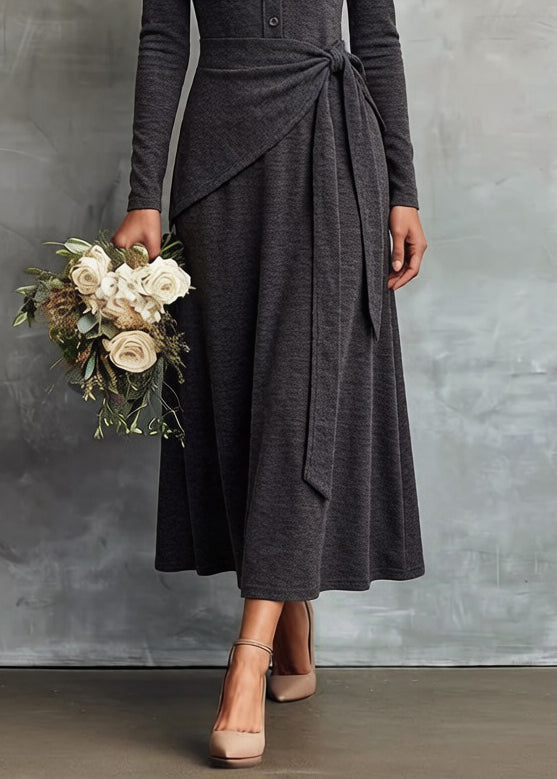Slim Fit Grey V Neck Tie Waist False Two Pieces Knitting Cotton Dress Spring