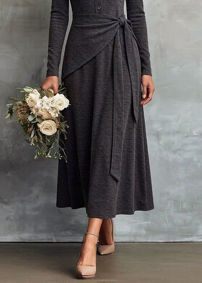 Slim Fit Grey V Neck Tie Waist False Two Pieces Knitting Cotton Dress Spring