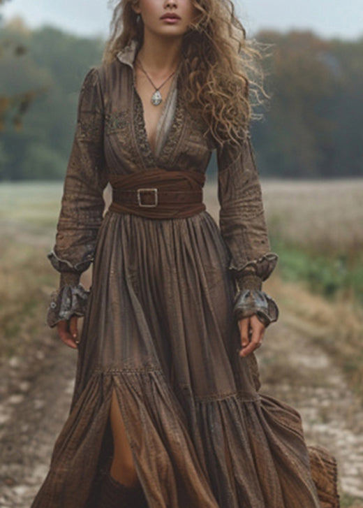 Dark Coffee Wrinkled Patchwork Cotton Long Dress Fall