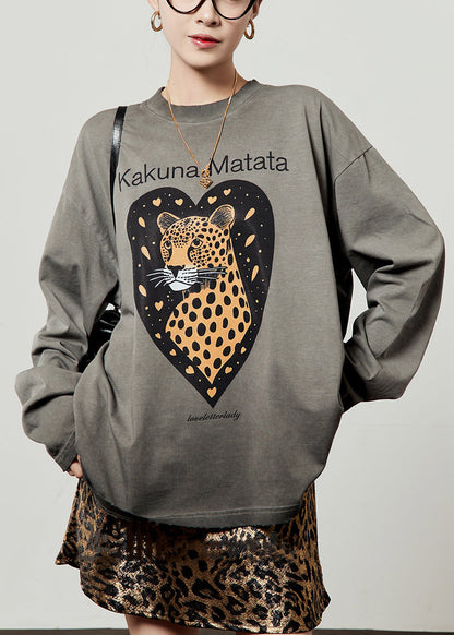 Loose Grey O Neck Animal Letter Cotton T Shirt Fall