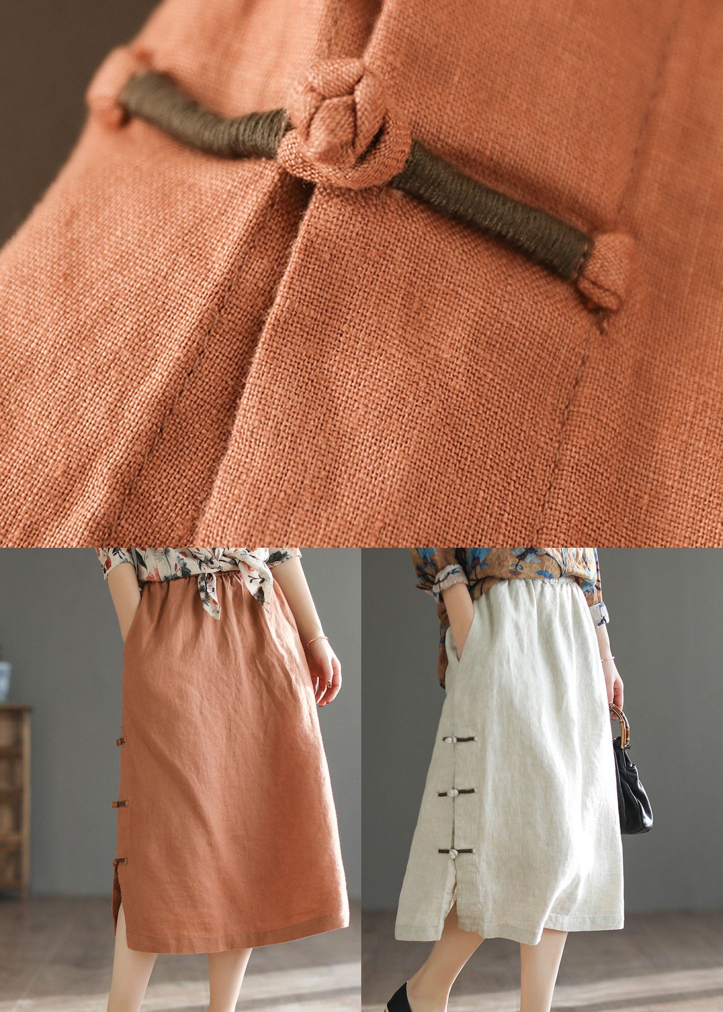 Orange Oriental Elastic Waist Pocket Linen a Line Skirts Summer