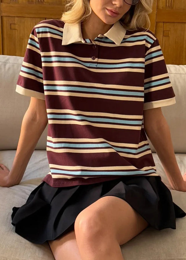French Brown Peter Pan Collar Striped Cotton T Shirts Summer