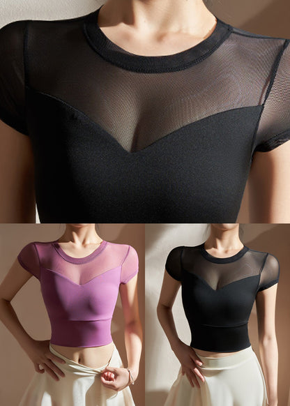 Purple O-neck Tulle Yoga Top Summer