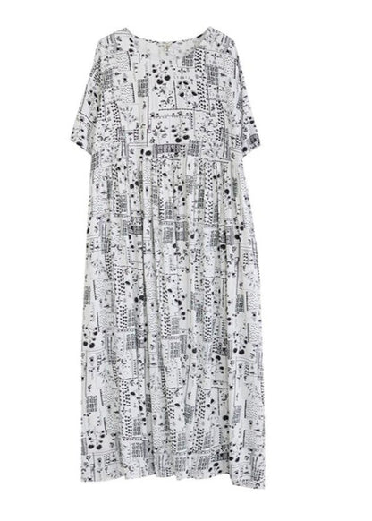 White O-neck Patchwork Wrinkled Party Maxi Dress Short Sleeve