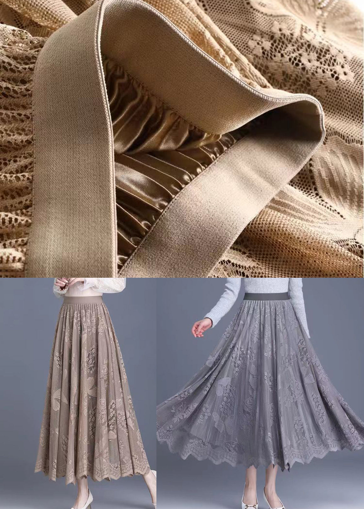 Grey Wear on Both Sides Lace Pleated Skirts Exra Large Hem Spring