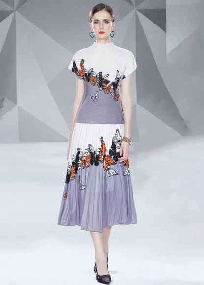 Blue Butterfly Print Patchwork Tops and Skirts Cotton Two Pieces Set Summer