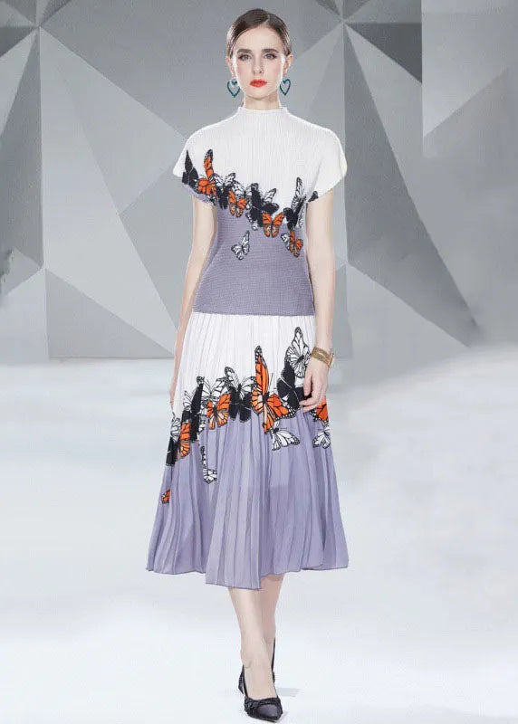 Blue Butterfly Print Patchwork Tops and Skirts Cotton Two Pieces Set Summer