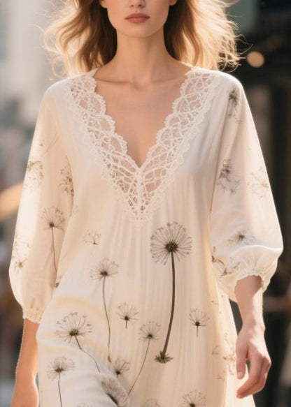 White Print Patchwork Chiffon Long Dress Bracelet Sleeve