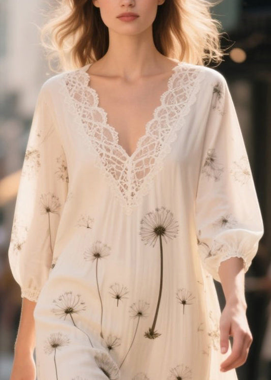 White Print Patchwork Chiffon Long Dress Bracelet Sleeve