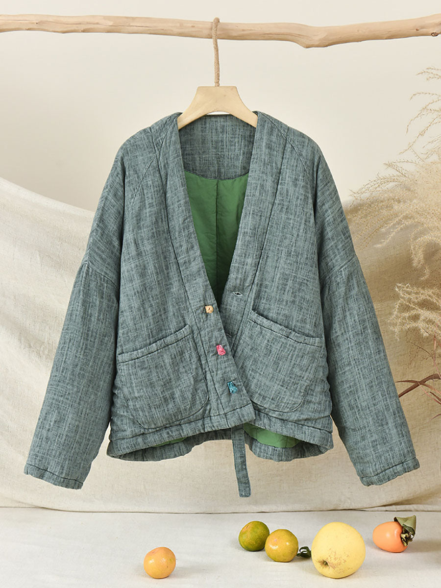 Winter Artsy Worn Button Pocket Linen Coat