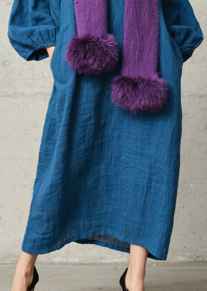 Diy Peacock Blue Oversized Cotton Holiday Dress Lantern Sleeve