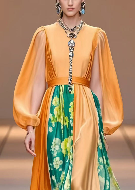 Orange Cinched Patchwork Silk Party Dress Lantern Sleeve