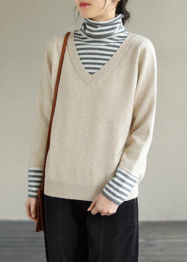 Comfy Beige Blouse Patchwork High Neck Knitted Blouse