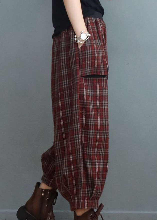 Fitted Red Plaid Pockets Lantern Pants Winter