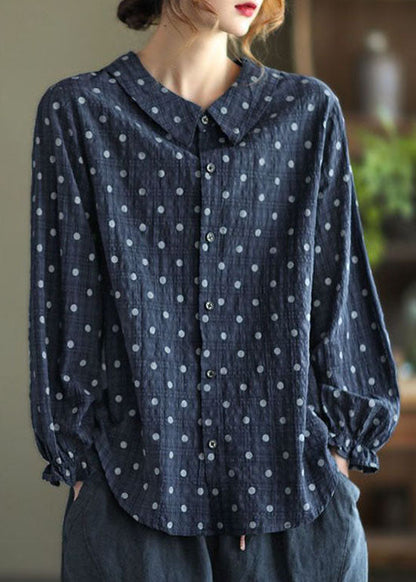 Navy Button Peter Pan Collar Dot Print Shirt Top Lantern Sleeve