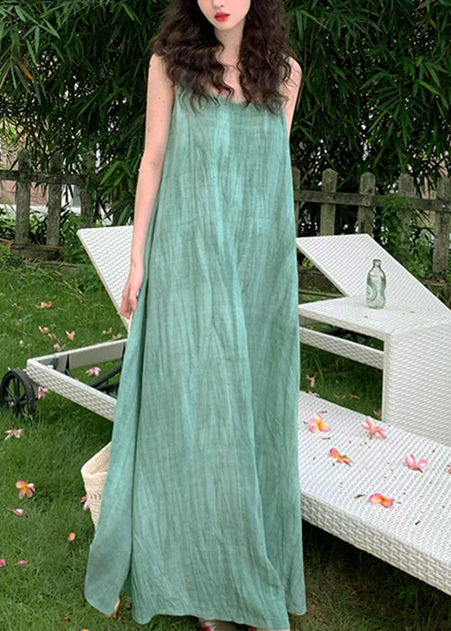 Green U Neck Wrinkled Linen Long Dress Sleeveless
