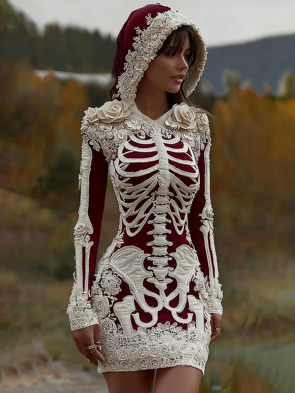 Comstylish Women's Vintage Halloween Skeleton Bones With Rose Art Cozy Knit Hooded Sweater Dress