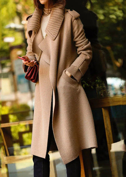 Khaki Peter Pan Collar Knit Patchwork Woolen Loose Cardigans Winter