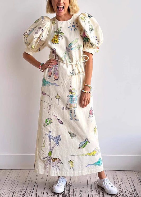 Apricot Print Lace Up Pockets Linen Long Dress Lantern Sleeve