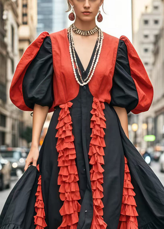 Colorblock Puff Sleeve Patchwork Ruffled Cotton Dress Vestidos
