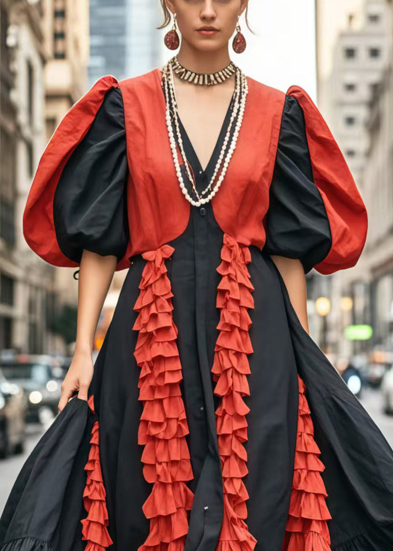 Colorblock Puff Sleeve Patchwork Ruffled Cotton Dress Vestidos