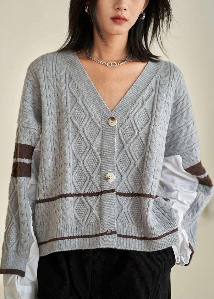 Grey V Neck Button Cotton Knit Top Fall