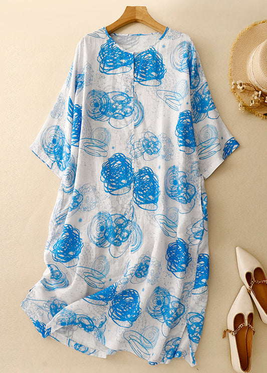 Loose Blue O Neck Print Side Open Cotton Dress Half Sleeve