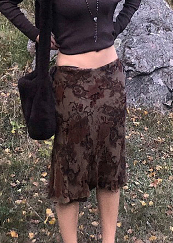 Brown Print High Waist Patchwork Tulle Skirts Summer