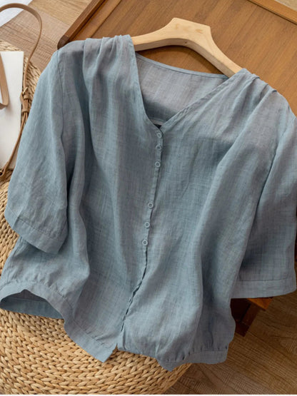 Pure Color V Neck 3/4 Sleeve Linen Shirt Top