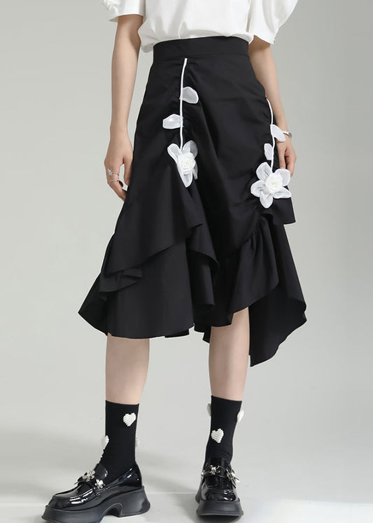 Black Wrinkled Asymmetrical Patchwork Cotton Skirt Fall