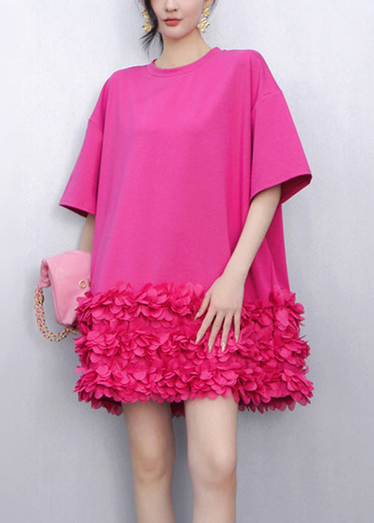 Unique Rose O-neck Tulle Patchwork Mid Dress Short Sleeve