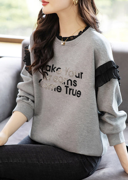 Grey O-neck Ruffled Graphic Patchwork Zircon Sweatshirts Fall