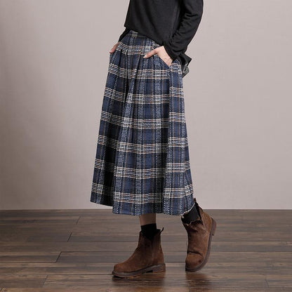 Blue and White Plaid Pleated Loose Skirt