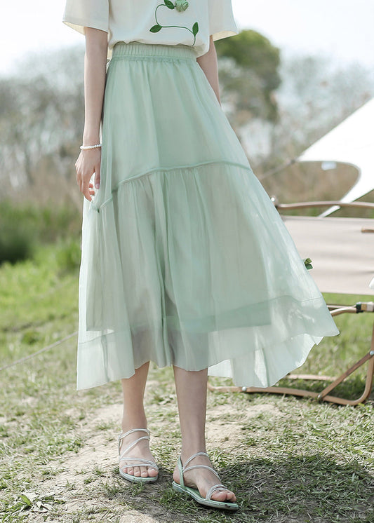 Light Green Patchwork Elastic Waist Organza a Line Skirts Summer