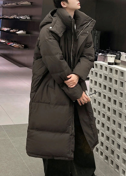 Loose Coffee Hooded Zippered Duck Down Down Long Coats Winter