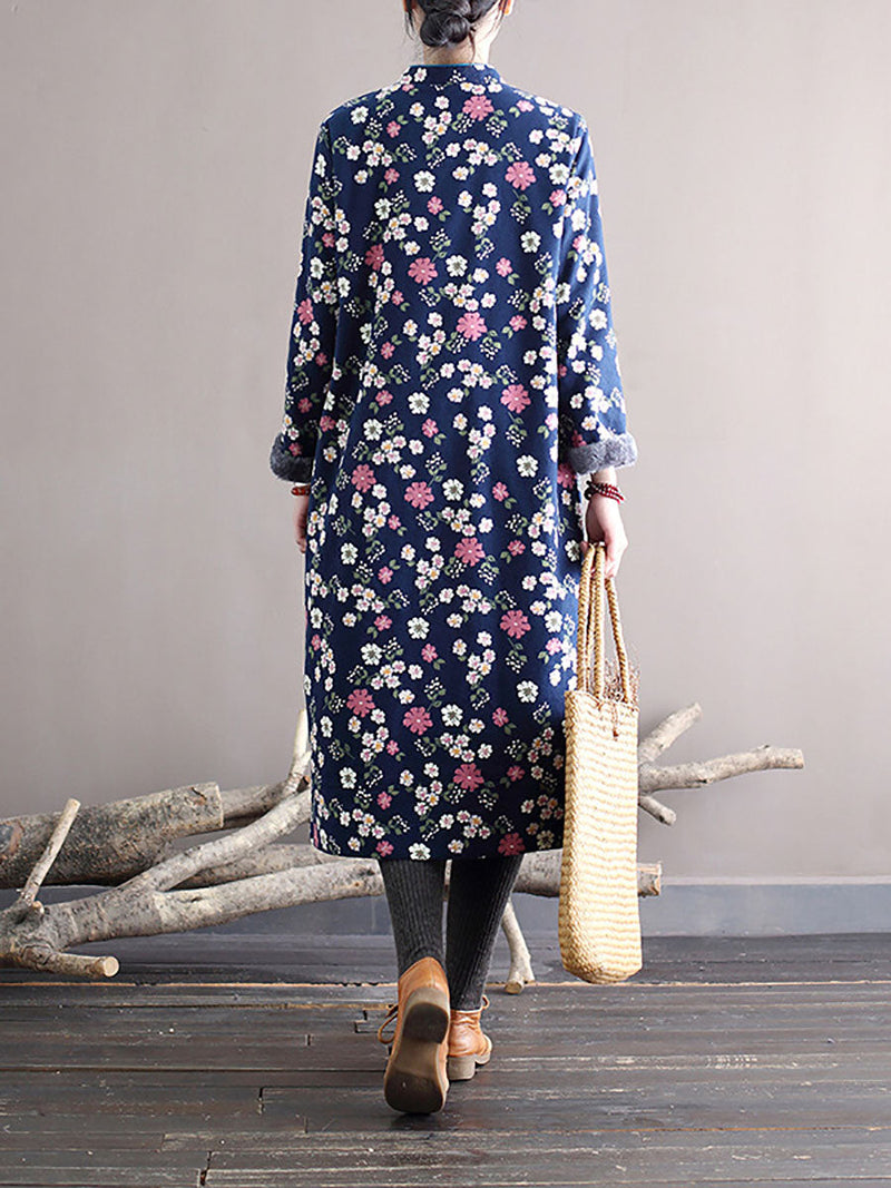 Winter Chinese Style Print Frog Thick Dress
